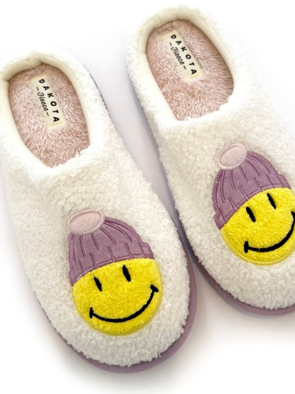 White Fuzzy Slippers with Smile Patch